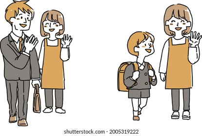 A woman who sees off her family that she has a house in the morning