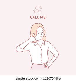 A woman who sends a call sign by hand. hand drawn style vector doodle design illustrations.