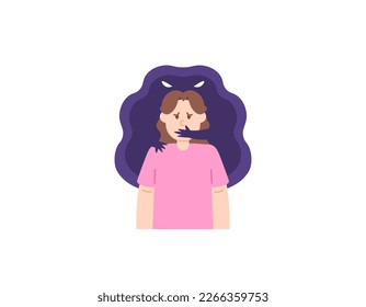 a woman who is silenced by fear. was silenced by someone. unable to speak or make a sound. feeling terrified and threatened. mental problems. the character of people. illustration concept design