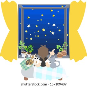 A woman who is sitting down near a window, and looking at the starlit sky of the perfect score with cats.