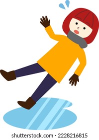 A woman who slips and falls on a frozen ground