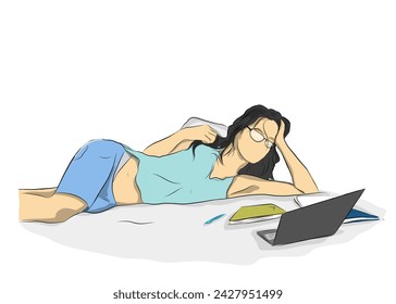 a woman who is studying while lying on the bed at home, doing college assignments, without any background