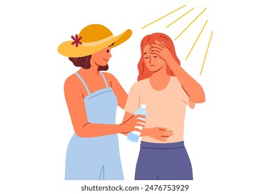 Woman who suffered sunstroke in hot weather stands near friend with bottle of water in hands. Sunstroke caused dizziness and disorientation in girl accustomed to cold climate and low temperatures