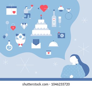 A woman who thinks about icons of proposal and marriage. vector illustration flat design