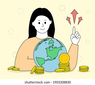 A woman who thinks about ways to get points and raise her assets illustration set. bank, coin, dollar, finance. Vector drawing. Hand drawn style.