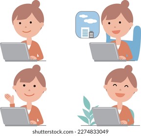 A woman who uses a computer in various situations