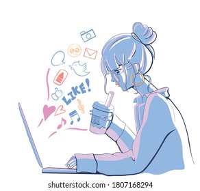 woman who uses note pc. woman using SNS on a laptop.Flat illustration.