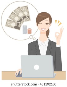 Woman who is using a computer and thinking about money