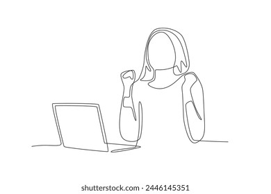 Woman who is very happy to be able to work from home.Working from home one-line drawing