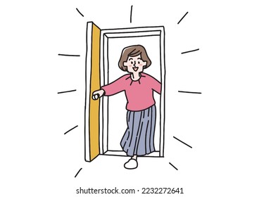 A woman who vigorously opens the door and enters