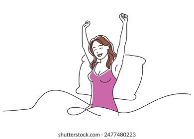 A woman who wakes up in the morning and stretches, doodle continuous line art vector illustration.