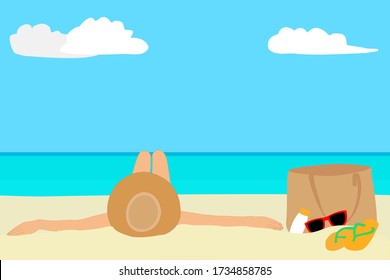 Woman who is wearing hat, she is laying down on the beach. The yellow sand and the clear sea with blue sky. Summer trip with family. Enjoy vacation. Chill out Holiday. Journey, tourism concept.