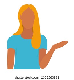 Woman who wears blue t shirt shows hand to present something. Vector illustration isolated on white background.