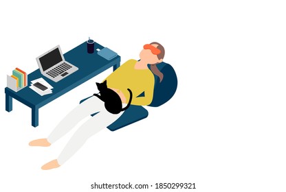 A woman who wears an eye mask and takes a nap during telework isometric