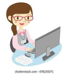 Woman who wears glasses to operate a personal computer