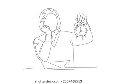 Woman who woke up because of the alarm clock. Alarm clocks concept one-line drawing