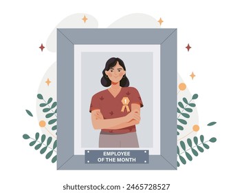 Woman who won the employee of the month nomination. The girl with the prize for the best work. Ranking and rating. Hardworking successful entrepreneur or employee. Flat vector illustration