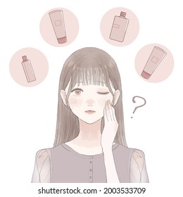 A woman who is wondering which cosmetics manufacturer to choose. On a white background.