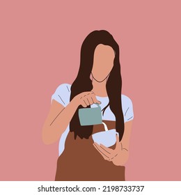 Woman who work as baristas pour processed coffee and milk into glass. Hand drawn vector illustration isolated