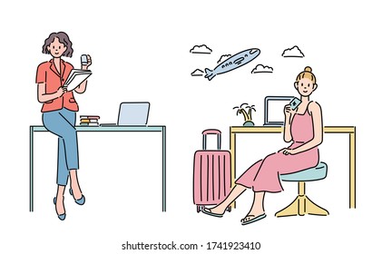 Woman who work hard and woman who make vacation plans. hand drawn style vector design illustrations. 