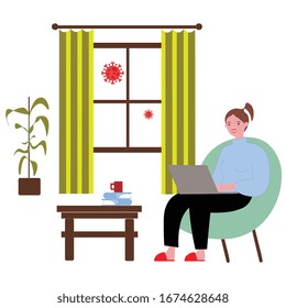 A woman who is working from home in order to avoid corona virus. Illustration coronavirus COVID-19.