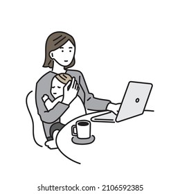 A woman who works remotely while raising children, a sleeping child