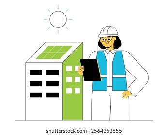 A woman who works as a solar panel technician controls the condition of incoming solar energy, green energy vector illustration.