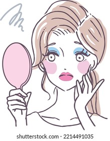 A woman who is worried about her poor makeup Can't do makeup well Beginner Person illustration material