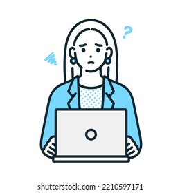 A Woman Who Is Worried In Front Of A Computer. Illustration Of A Thinking Business Woman.