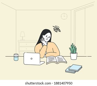 a woman who is worried that things are not going well illustration set. life, computer, water, book, doodle. Vector drawing. Hand drawn style.