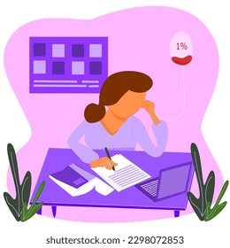 a woman who writes while holding her head because she is dizzy from being chased by a deadline. hand drawn vector illustration.