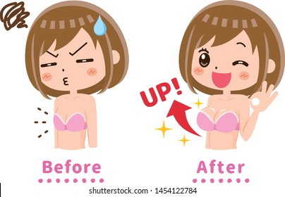 A woman whose chest has grown. / Before and after. svg