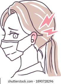 a woman whose ear hurts with a face  mask