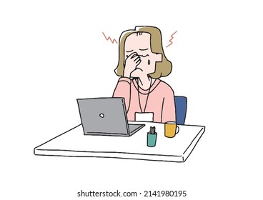 A woman whose eyes get tired and hurt during work, a comical handwritten person, vector, line drawing and color