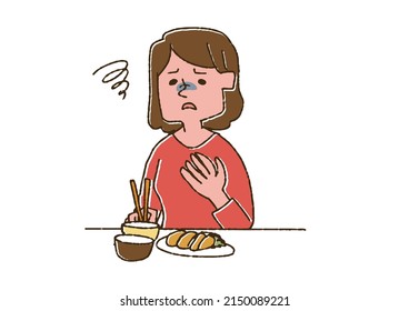 A woman whose food does not go through her throat, a comical handwritten person vector, a warm line drawing
