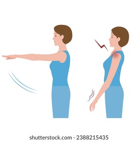 A woman whose shoulder hurts due to frozen shoulder and periarthritis and cannot move her hand forward.
​
