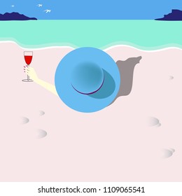 A woman in a wide-brimmed hat lies on a beach enjoying a glass of wine in a minimalist illustration.