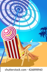 Woman in a wide-brimmed hat is sitting in a deckchair on a tropical beach. Poster in the Art Deco