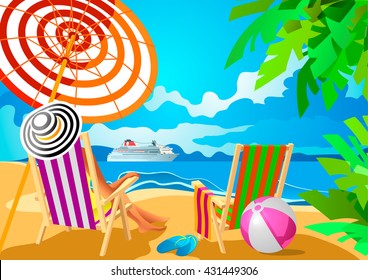 Woman in a wide-brimmed hat is sitting in a deckchair on a tropical beach and watching on cruise liner. Holiday on the French Riviera, Liguria, Caribbean. Poster in the Art Deco style.