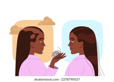 Woman with Wig Clump Losing Her Hair Suffer from Alopecia or Baldness Vector Illustration