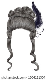 woman wig  hairs curls. medieval style rococo,baroque.high hairdress with  feather.