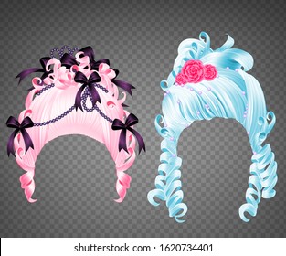 Woman Wigs Rococo Set. Girl Curly Blue And Pink Vintage Princess Hairstyle With Flowers, Beads And Ribbons For Wedding Or Carnival Isolated On Transparent Background, Realistic 3d Vector Illustration