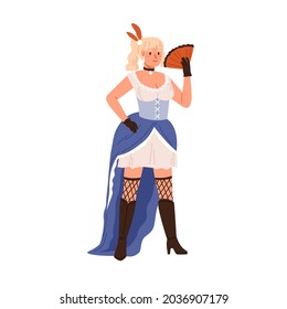 Woman of Wild West. Portrait of Western female character, standing in short dress, stockings and boots with fan. American brothel worker. Flat vector illustration isolated on white background.