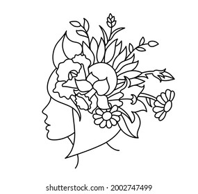 Woman with wildflowers in a hand drawn line art style. Vector illustration.