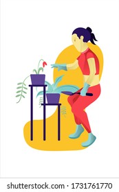 woman will grab flower with her right hand, vector illustration gardening