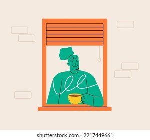 Mujer en la ventana con café. La persona de Windows disfruta tomando café. Ilustración vectorial colorida
