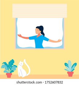 woman at the window doing dance exercises at home vector illustration design