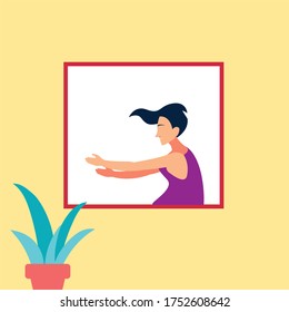 mujer en la ventana haciendo ejercicios de baile en el diseño de ilustración de vector de casa