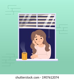 Woman at the window feel bored because of corona virus pandemic disease. Lockdown at home concept. Flat vector cartoon design.