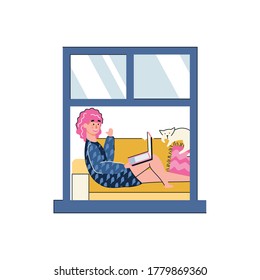Woman in window frame using laptop sitting on home sofa - cartoon girl waving to camera or computer screen. Isolated vector illustration of person on video call.